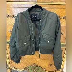 Zara Women's Olive Cropped Bomber Jacket GREAT Condition Sz M